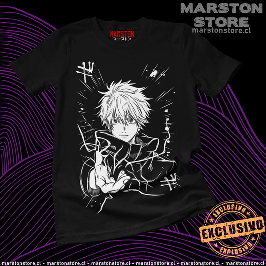 Polera negra Jujutsu Kaisen con diseño de Satoru Gojo