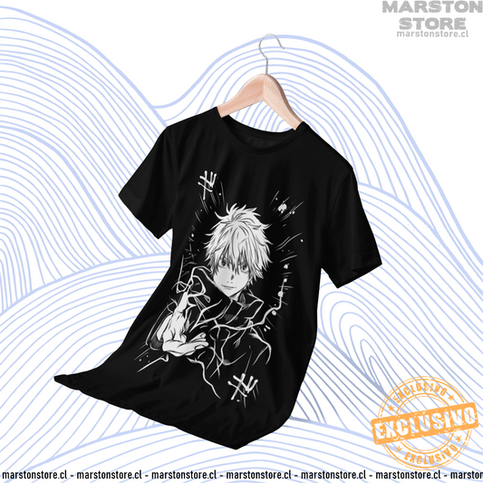 Polera negra Jujutsu Kaisen con diseño de Satoru Gojo