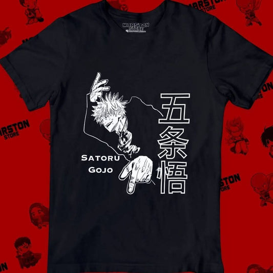 Polera negra Jujutsu Kaisen con diseño de Satoru Gojo