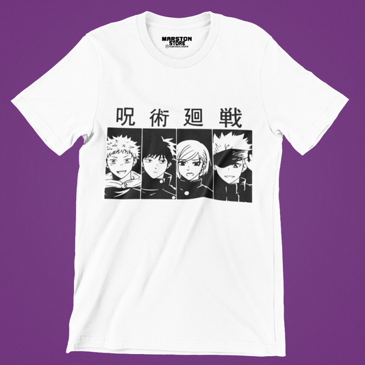 Polera blanca Jujutsu Kaisen con Satoru Gojo, Nobara Kugisaki, Yuji Itadori y Megumi Fushiguro