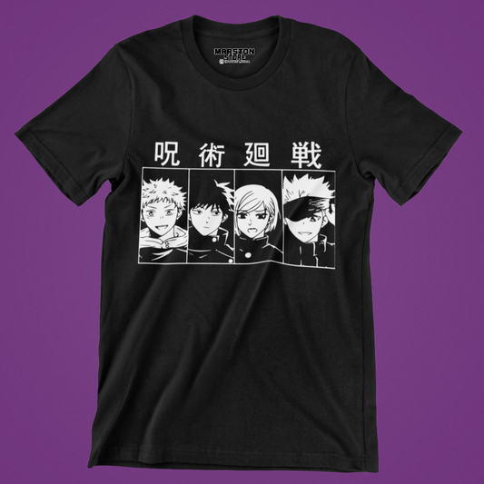 Polera negra Jujutsu Kaisen con Satoru Gojo, Nobara Kugisaki, Yuji Itadori y Megumi Fushiguro