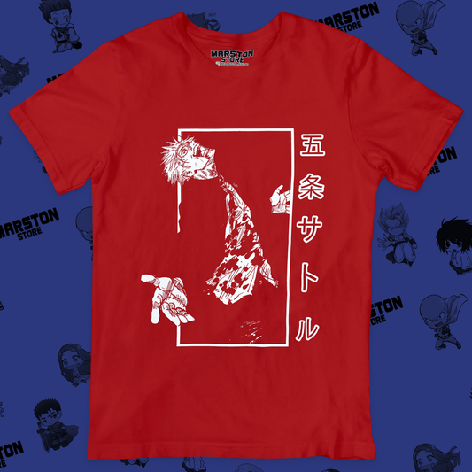 Polera roja Jujutsu Kaisen con diseño de Satoru Gojo