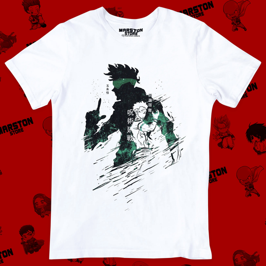 Polera blanca Jujutsu Kaisen con Satoru Gojo y Ryomen Sukuna