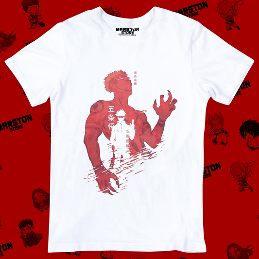 Polera blanca Jujutsu Kaisen con Satoru Gojo y Ryomen Sukuna