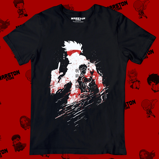 Polera negra Jujutsu Kaisen con Satoru Gojo y Ryomen Sukuna