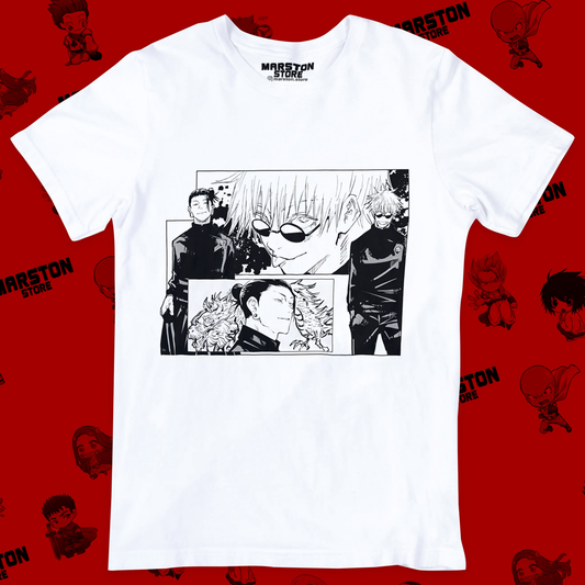 Polera blanca Jujutsu Kaisen con Satoru Gojo y Suguru Geto