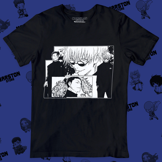 Polera negra Jujutsu Kaisen con Satoru Gojo y Suguru Geto