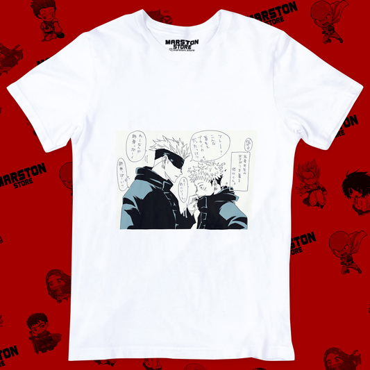 Polera blanca Jujutsu Kaisen con Satoru Gojo y Yuji Itadori