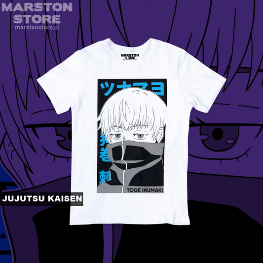 Polera blanca Jujutsu Kaisen con diseño de Toge Inumaki