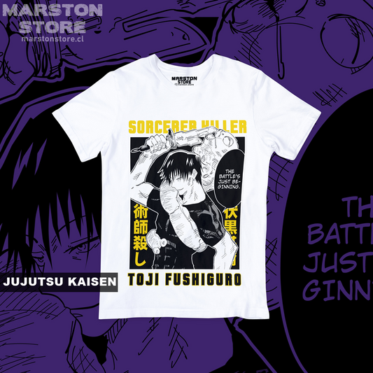 Polera blanca Jujutsu Kaisen con diseño de Toji Fushiguro