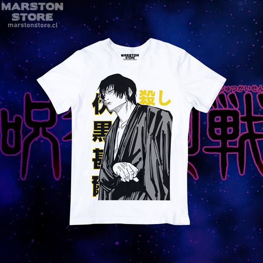 Polera blanca Jujutsu Kaisen con diseño de Toji Fushiguro