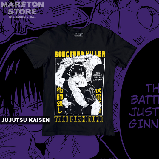 Polera negra Jujutsu Kaisen con diseño de Toji Fushiguro