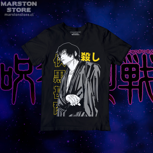 Polera negra Jujutsu Kaisen con diseño de Toji Fushiguro