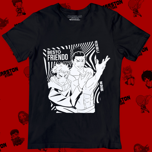 Polera negra Jujutsu Kaisen con Yuji Itadori y Aoi Todo