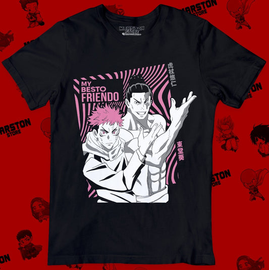 Polera negra Jujutsu Kaisen con Yuji Itadori y Aoi Todo