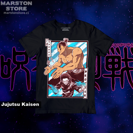 Polera negra Jujutsu Kaisen con Yuji Itadori y Aoi Todo