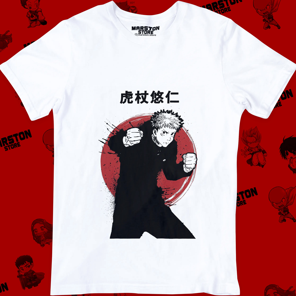 Polera blanca Jujutsu Kaisen con diseño de Yuji Itadori