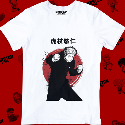 Polera blanca Jujutsu Kaisen con diseño de Yuji Itadori