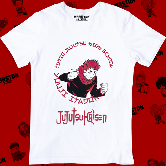 Polera blanca Jujutsu Kaisen con diseño de Yuji Itadori