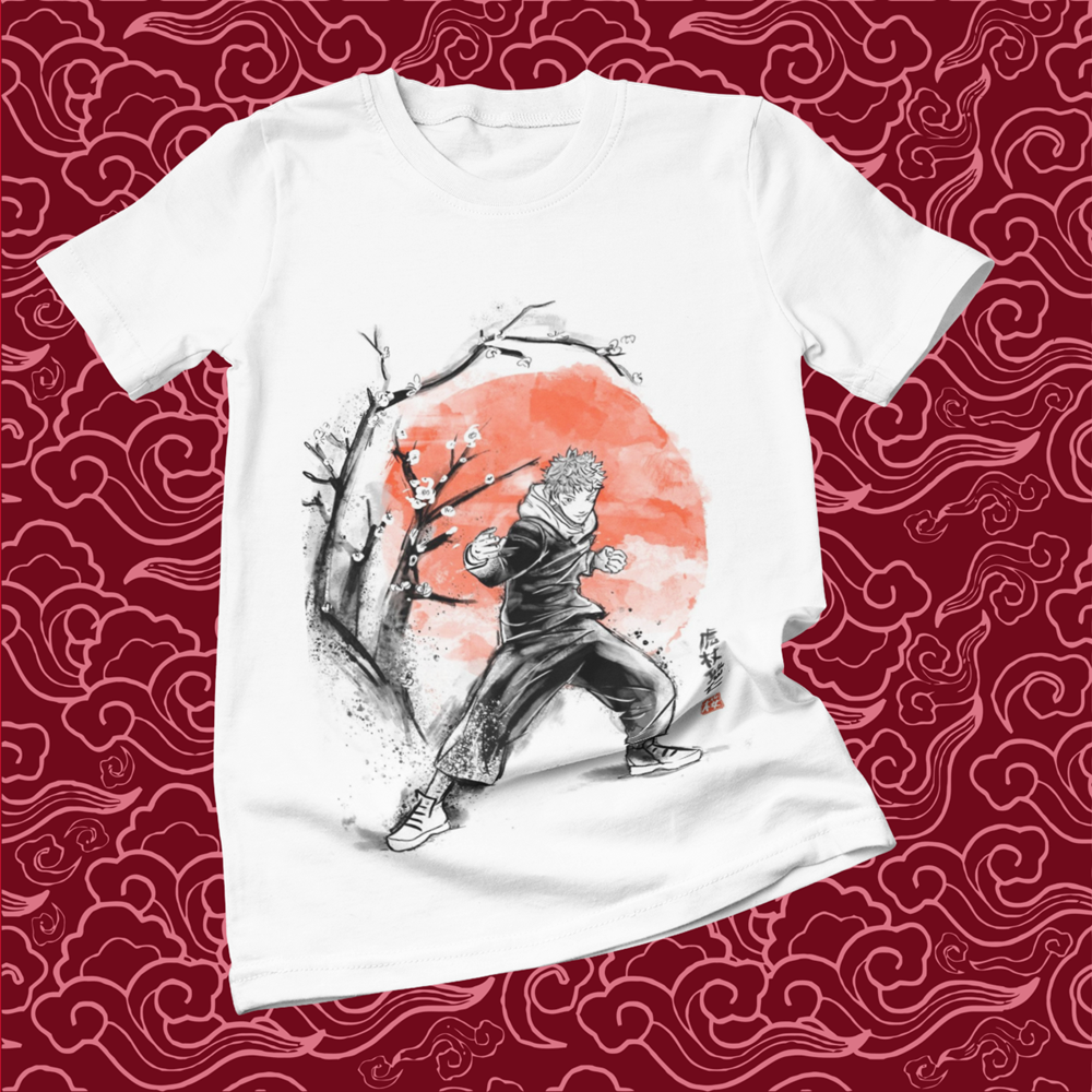 Polera blanca Jujutsu Kaisen con diseño de Yuji Itadori