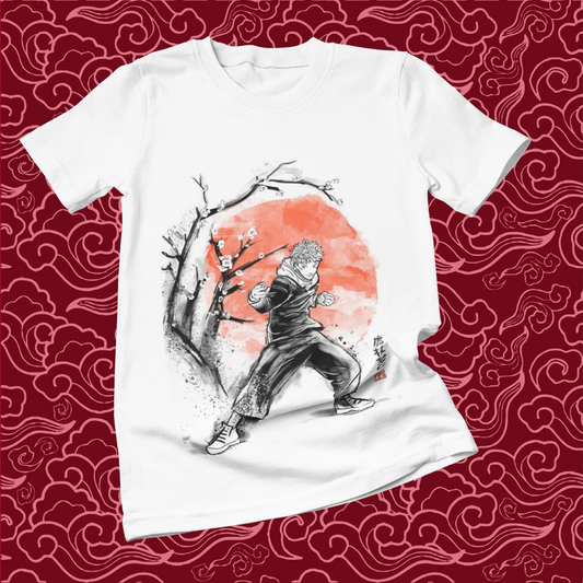 Polera blanca Jujutsu Kaisen con diseño de Yuji Itadori