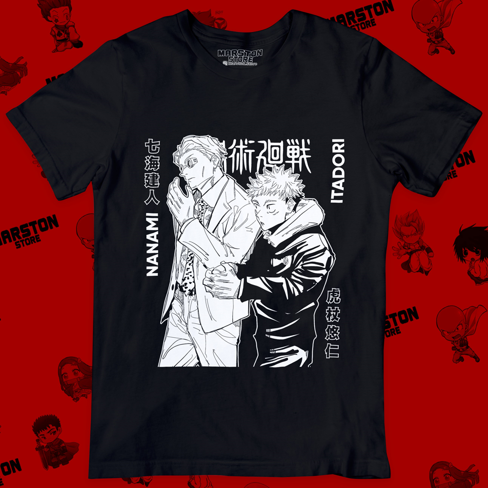 Polera negra Jujutsu Kaisen con Yuji Itadori y Kento Nanami