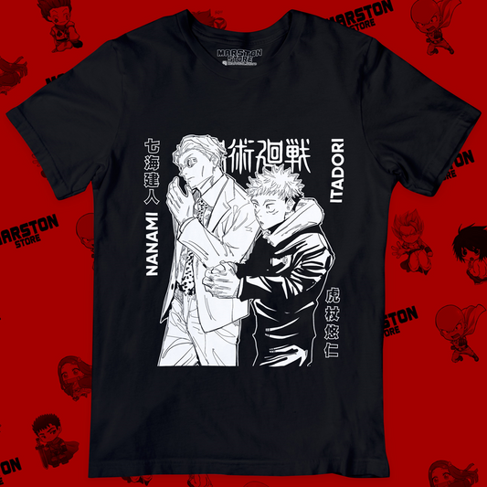 Polera negra Jujutsu Kaisen con Yuji Itadori y Kento Nanami