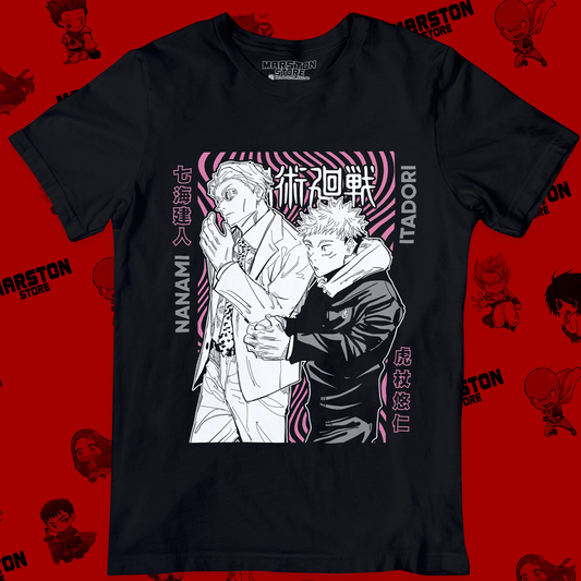 Polera negra Jujutsu Kaisen con Yuji Itadori y Kento Nanami