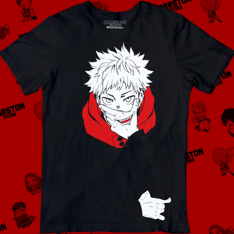 Polera negra Jujutsu Kaisen con diseño de Yuji Itadori