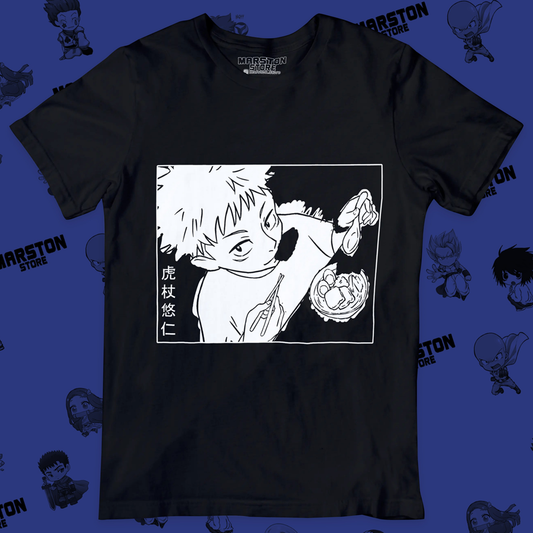 Polera negra Jujutsu Kaisen con diseño de Yuji Itadori