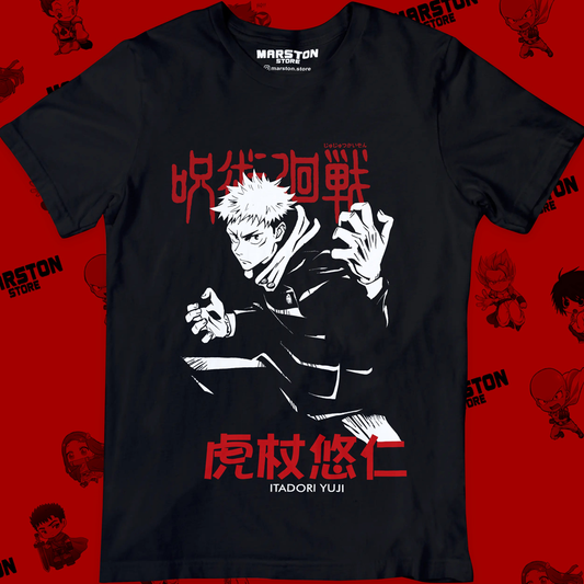 Polera negra Jujutsu Kaisen con diseño de Yuji Itadori