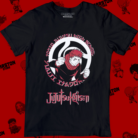 Polera negra Jujutsu Kaisen con diseño de Yuji Itadori