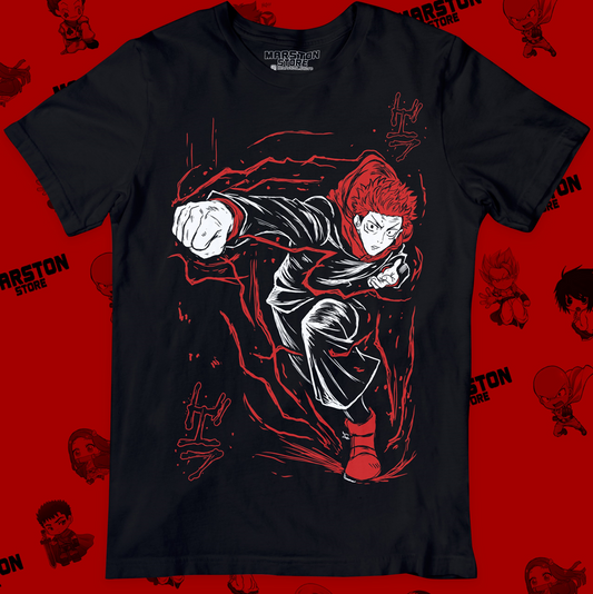 Polera negra Jujutsu Kaisen con diseño de Yuji Itadori