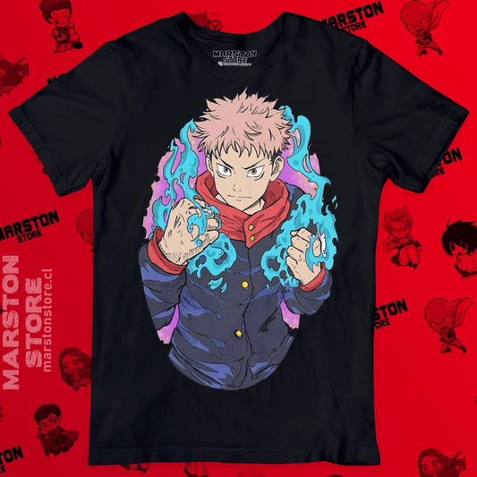 Polera negra Jujutsu Kaisen con diseño de Yuji Itadori