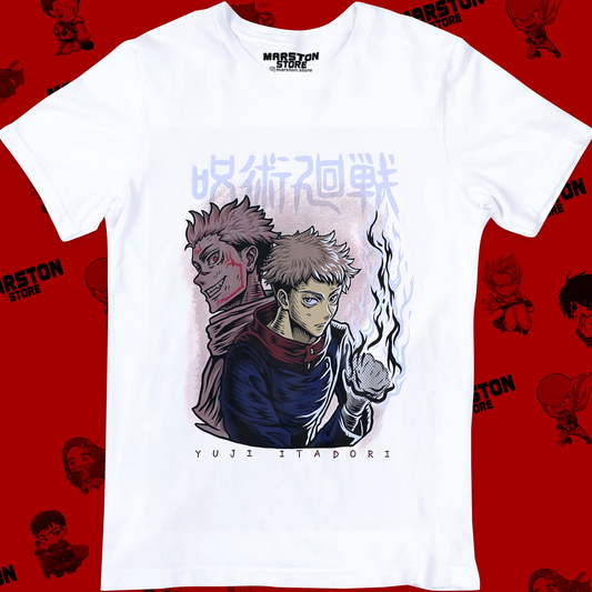 Polera blanca Jujutsu Kaisen con Yuji Itadori y Ryomen Sukuna