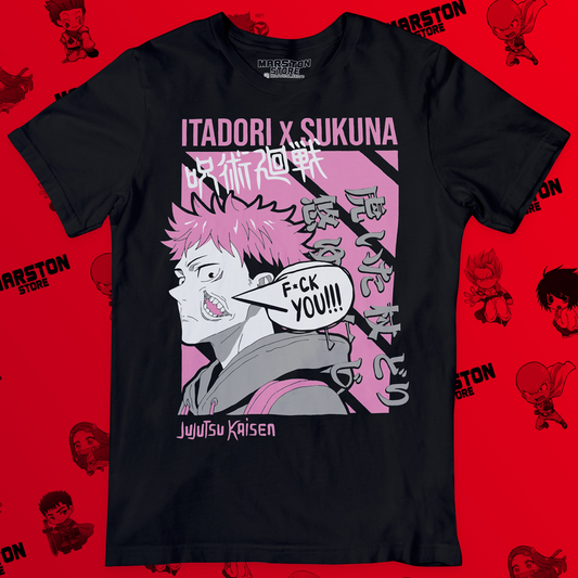 Polera negra Jujutsu Kaisen con Yuji Itadori y Ryomen Sukuna