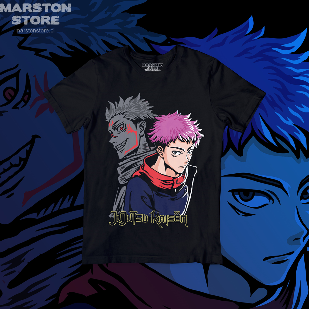 Polera negra Jujutsu Kaisen con Yuji Itadori y Ryomen Sukuna