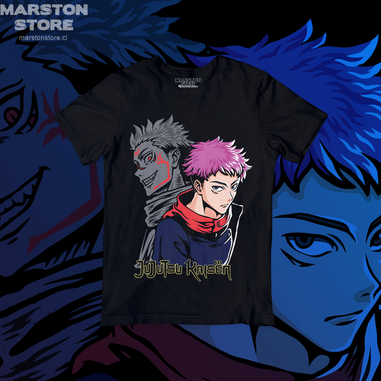 Polera negra Jujutsu Kaisen con Yuji Itadori y Ryomen Sukuna