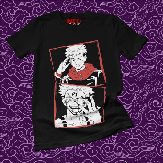 Polera negra Jujutsu Kaisen con Yuji Itadori y Ryomen Sukuna
