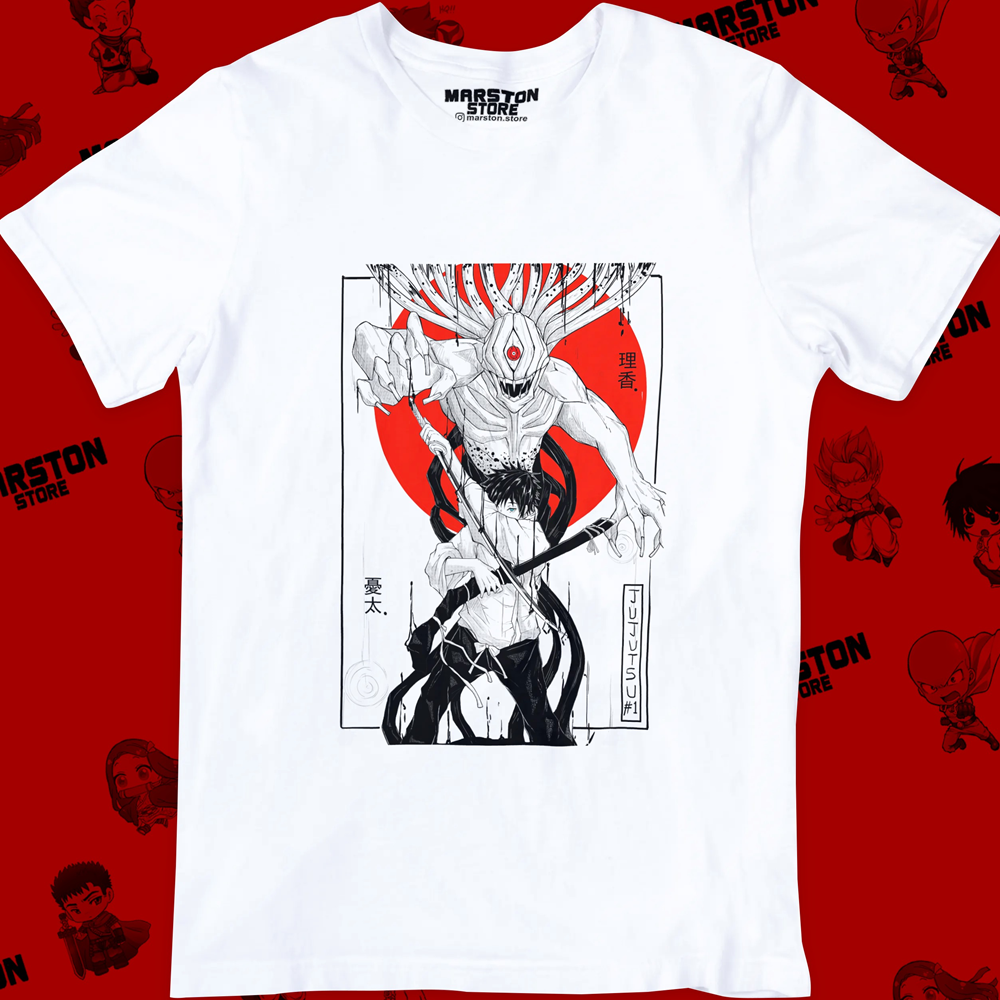 Polera blanca Jujutsu Kaisen con diseño de Yuta Okkotsu