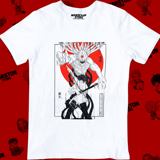 Polera blanca Jujutsu Kaisen con diseño de Yuta Okkotsu