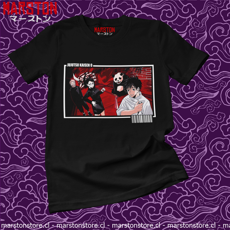 Polera negra Jujutsu Kaisen con Yuta Okkotsu, Maki Zenin, Panda y Toge Inumaki