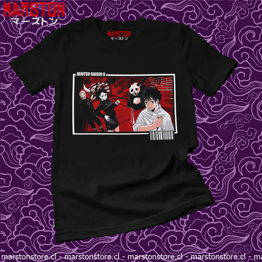 Polera negra Jujutsu Kaisen con Yuta Okkotsu, Maki Zenin, Panda y Toge Inumaki