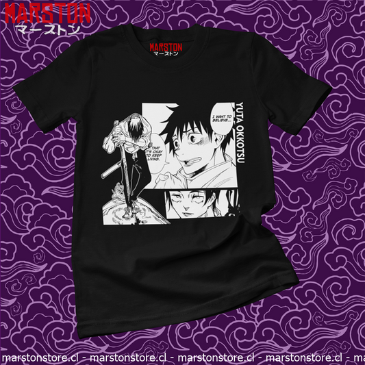 Polera negra Jujutsu Kaisen con diseño de Yuta Okkotsu