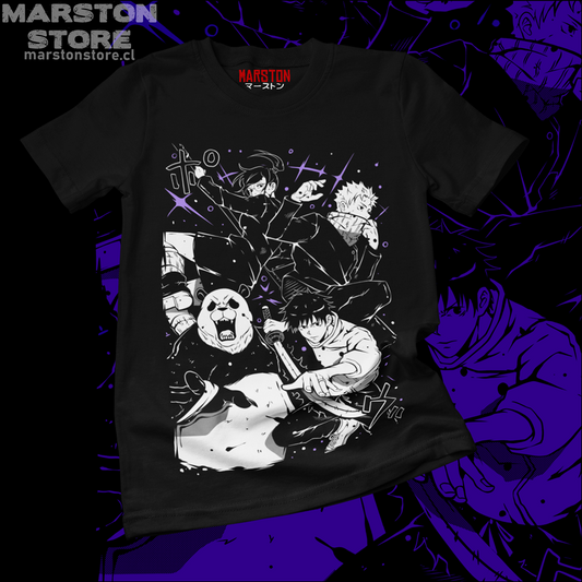 Polera negra Jujutsu Kaisen con Yuta Okkotsu, Panda, Toge Inumaki y Maki Zenin