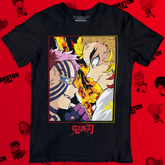 Polera negra Kimetsu no Yaiba Demon Slayer con Akaza vs Kyojuro Rengoku