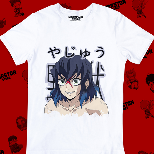 Polera blanca Kimetsu no Yaiba Demon Slayer con diseño de Inosuke Hashibira
