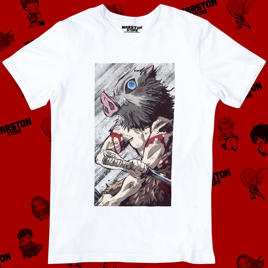 Polera blanca Kimetsu no Yaiba Demon Slayer con diseño de Inosuke Hashibira