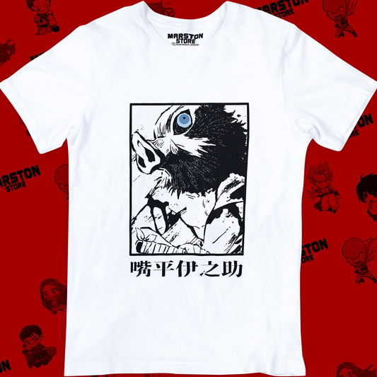 Polera blanca Kimetsu no Yaiba Demon Slayer con diseño de Inosuke Hashibira