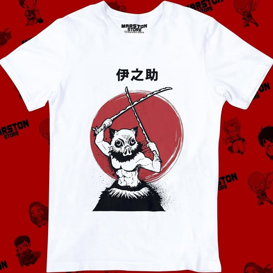 Polera blanca Kimetsu no Yaiba Demon Slayer con diseño de Inosuke Hashibira
